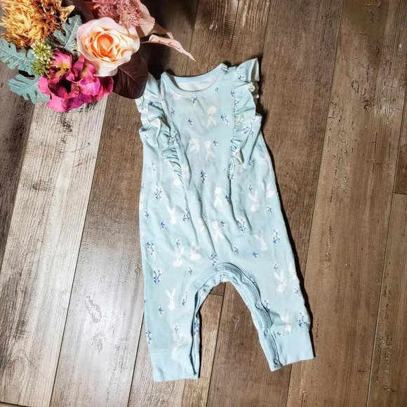 Baby Cat & Jack Baby Blue and White Rabbit Jumpsuit Romper Size 3-6M - Picture 1 of 9